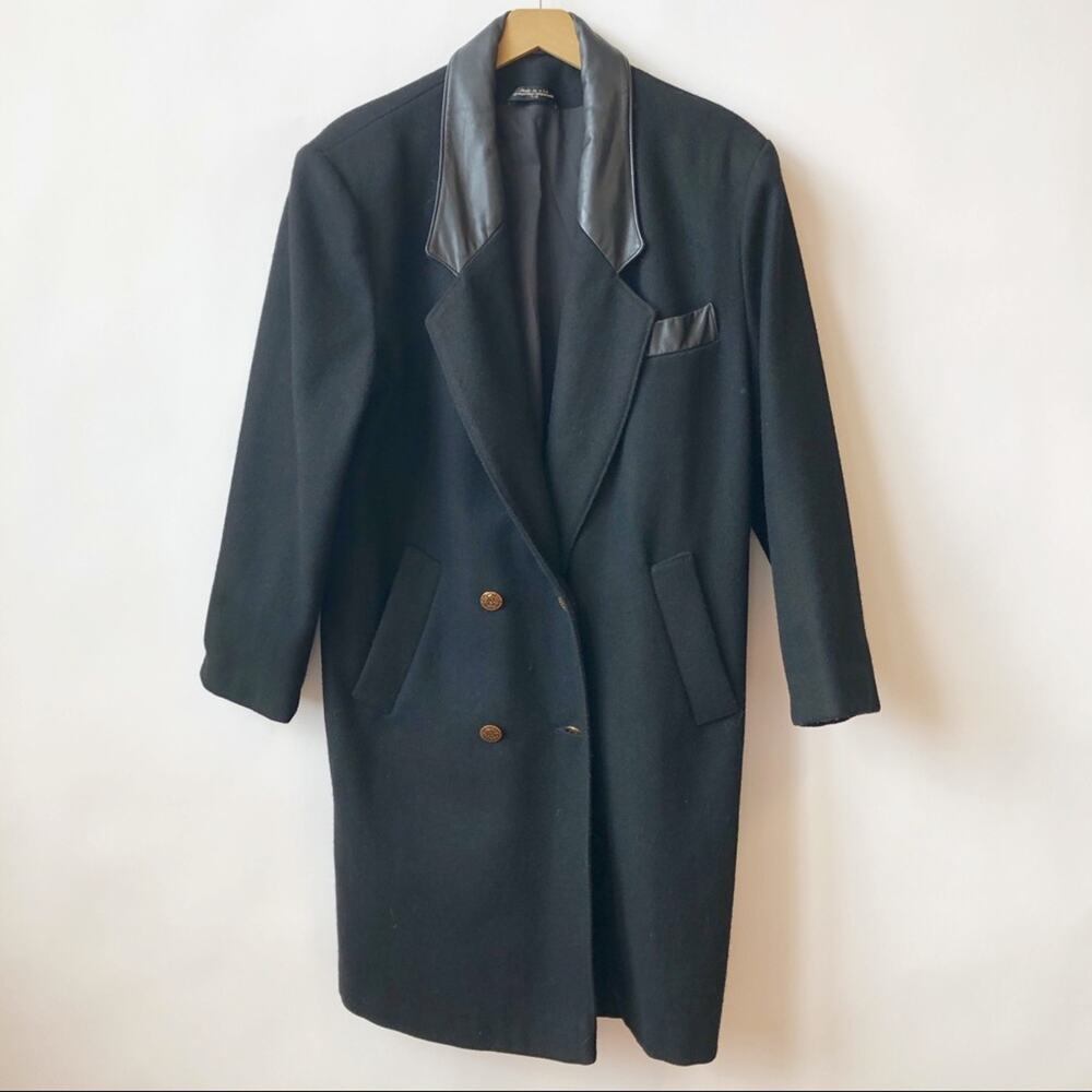 Vintage ADA Wool-blend Long Black Coat with Leather Trim Womens 7/ 8